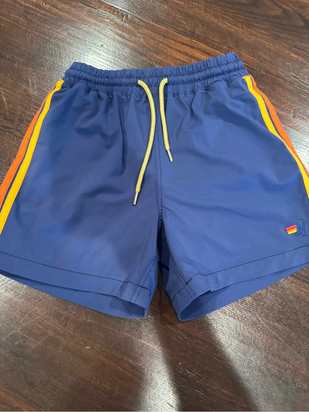Aviator Nation boys size  10 Navy Swim Shorts with Yellow and Red Stripe Detail